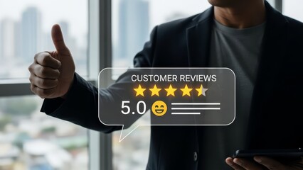 professional businessman giving thumbs up while holding tablet in front of city window