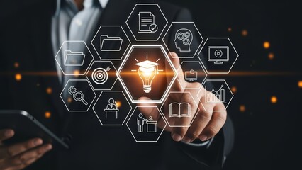 professional individual interacts with digital datand futuristic graphs on laptop screen to analyze business growth and performance trends.