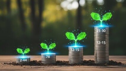The image shows three stacks of coins with growing green plants symbolizing financial growth and environmental sustainability.