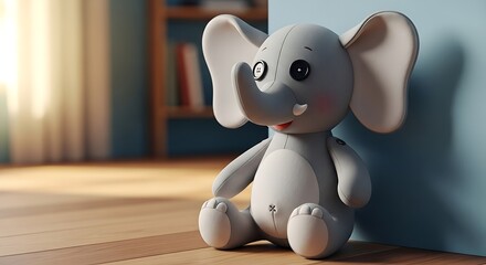 Adorable cartoon elephant plush toy sitting indoors with soft natural lighting
