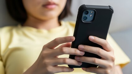 young girl holding smartphone with focused attention and concentration.