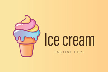 Delicious ice cream cone with colorful scoops for desserts sweets and cafe branding Vector logo template