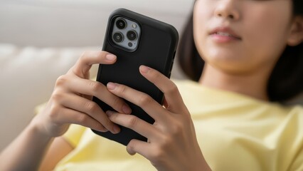 young woman lying comfortably on sofwhile scrolling through her smartphone