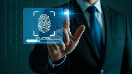 business professional in suit interacting with digital fingerprint scanner technology interface.