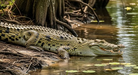 Close up of a large crocodile resting by the water's edge in its natural habitat