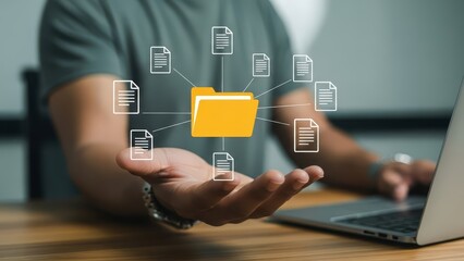 person holding digital folder icon representing datmanagement and sharing skills in modern workspace