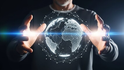 person holding glowing digital globe in futuristic technology concept image