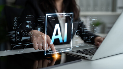 A futuristic user interface for business intelligence. This advanced AI dashboard displays complex data analysis, charts, and graphs for strategic corporate insights. Fermion