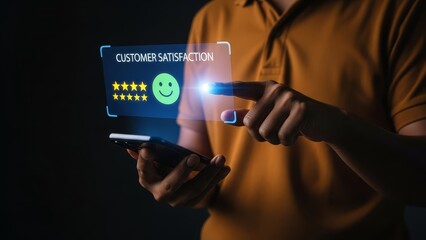 person in an orange shirt giving positive customer review on digital tablet