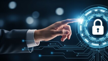 person in business suit using futuristic touch interface to secure digital data