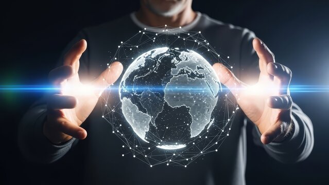 person holding glowing digital globe in futuristic technology concept image - Powered by Adobe