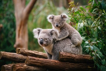 Fototapeta premium Koala bear and cub on log nature scene wildlife portrait daytime