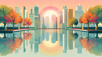 Modern cityscape illustration with autumn foliage reflection at sunset