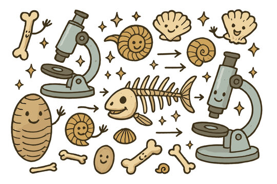 Playful Fossil Lab. Whimsical doodle taphonomy lab with smiling fossils, cartoon bones and shells waving, cheerful microscopes