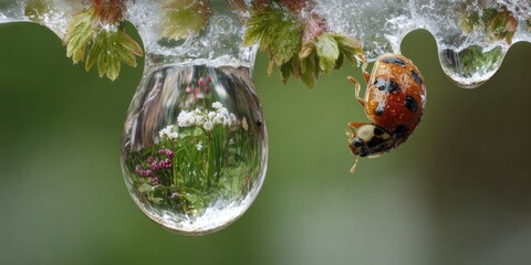 Ladybug on branch with water droplet reflection nature macro photography