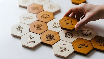 Hand placing a wooden hexagonal tile with a symbol on a game board