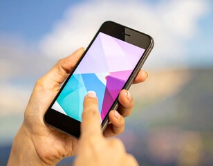 A hand holding a smartphone with a colorful abstract design on the screen