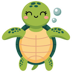 Obraz premium A cute cartoon turtle swimming blue water bubbles brown shell friendly