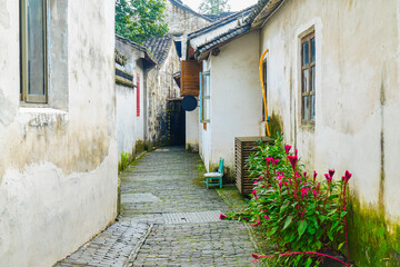 View of the traditional houses in the water town called Zhouzhuang near Suzhou and Shanghai in China.