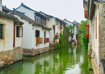 View of the famous water town called Zhouzhuang on a sunny day near Suzhou and Shanghai in China.
