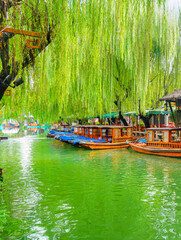 View of the famous water town called Zhouzhuang on a sunny day near Suzhou and Shanghai in China.