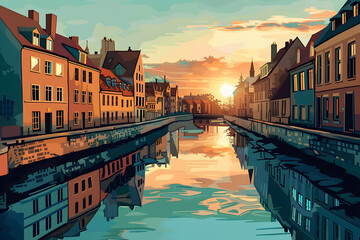 Romantic european canal at sunset with reflections