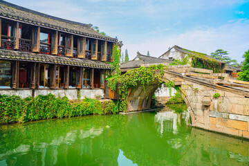 View of the famous water town called Zhouzhuang on a sunny day near Suzhou and Shanghai in China.
