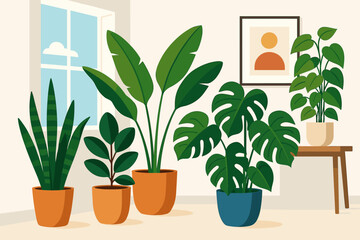 Obraz premium Modern Home Plants. Vibrant potted plants arranged in a minimalistic modern home interior, sharp and clean vector illustration