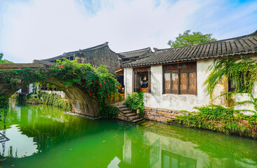 View of the famous water town called Zhouzhuang on a sunny day near Suzhou and Shanghai in China.