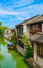 View of the famous water town called Zhouzhuang on a sunny day near Suzhou and Shanghai in China.