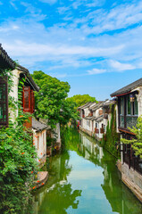 View of the famous water town called Zhouzhuang on a sunny day near Suzhou and Shanghai in China.
