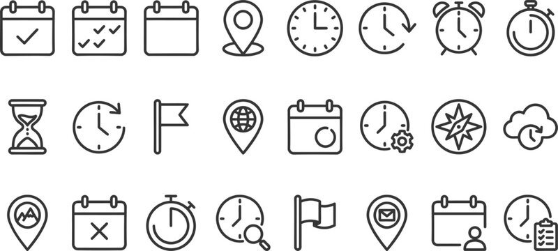 Time and location icons, hourglass, calendar, clock, pin, flag, stopwatch, globe pointer, minimal line style for maps, schedule planner, interface ui pack, vector illustration