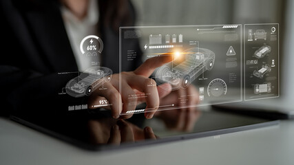 Technical layout of electric vehicle showing battery system, power control, traction motor, charging interface, and integration with renewable and smart energy sources Latch
