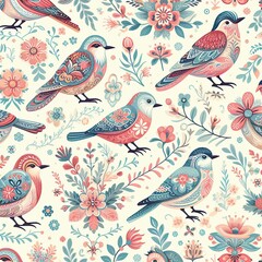 Obraz premium Calm Scandinavian-inspired spring design with birds and botanical elements, offering a light, airy look for seamless patterns and creative backgrounds.