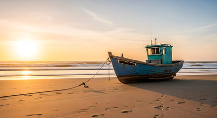 Fototapeta premium Fishing Boat On Beach At Sunset