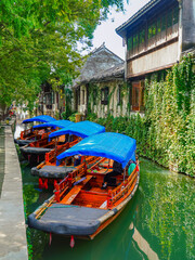 View of the famous water town called Zhouzhuang on a sunny day near Suzhou and Shanghai in China.