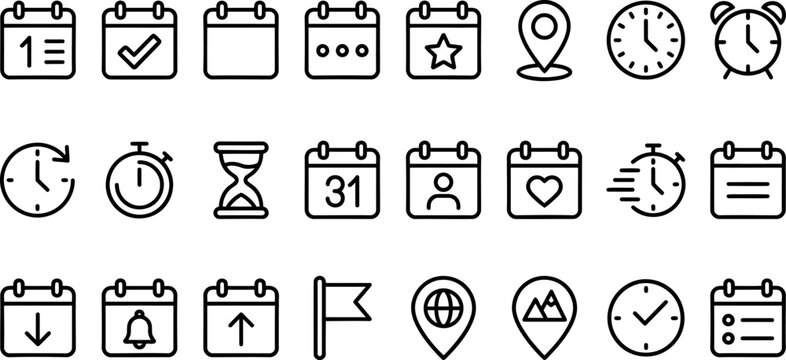 40 Time and Location Line Icons Vector Set &ndash; Clock,  Calendar, Hourglass, Stopwatch, Map Pin, Flag, Globe,  Timer, Navigation, Schedule, Deadline Outline Icon  Pack for UI Web App Editable Stroke 