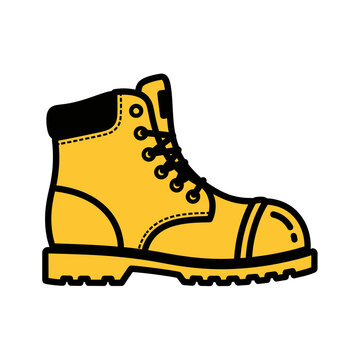 Illustration of a yellow work boot with laces and rugged sole on a white background