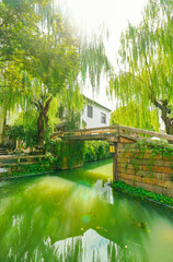 View of the famous water town called Zhouzhuang on a sunny day near Suzhou and Shanghai in China.