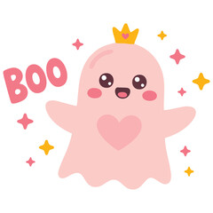 Flat style cute pink ghost with princess crown cartoon Halloween illustration isolated white background