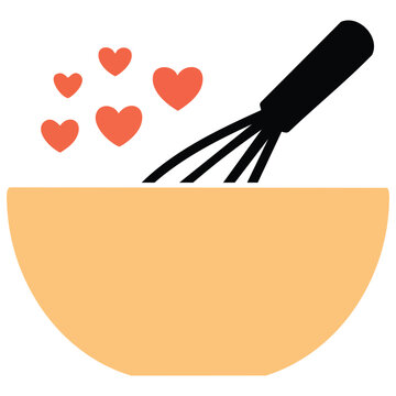 Kitchenware bowl with whisk and hearts ornament tool for mixing confectionery flat vector illustration