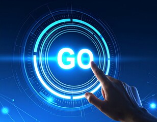 A hand touches a glowing digital "Go" button