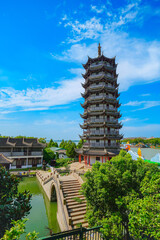 View of the famous water town called Zhouzhuang on a sunny day near Suzhou and Shanghai in China.
