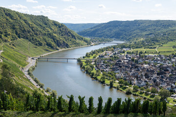 Hilly vineyards near Kröv, view on loop of Moselle river valley, outdoor activities, hiking in...