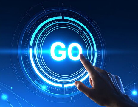 A hand touches a glowing digital "Go" button - Powered by Adobe
