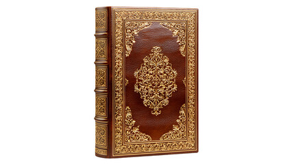 Antique Leather Bound Book with Ornate Gold Embossing Isolated

