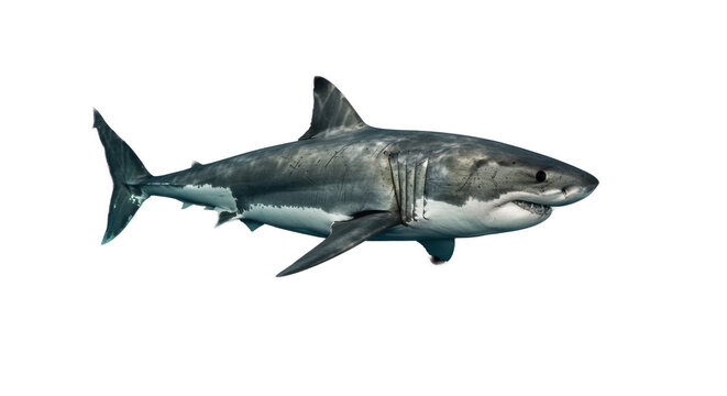 An adult great white shark, powerful and sleek, swims gracefully through deep, dark ocean water, dramatically lit against a black background, untamed power of nature concept