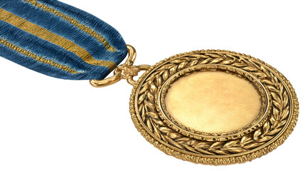 Gold Medal with Blue and Gold Ribbon Isolated on Gray Background

