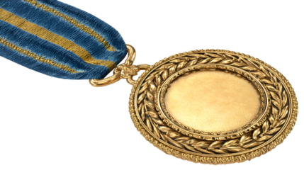 Gold Medal with Blue and Gold Ribbon Isolated on Gray Background

