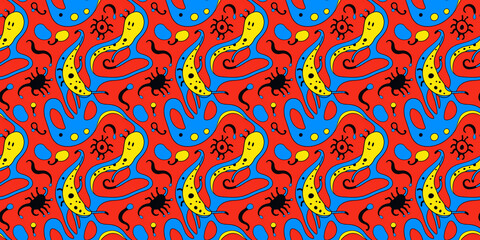 Playful biomorphic seamless pattern, child-like drawing style, fluid organic shapes in bright reds, sunny yellows, electric blues, ideal for kids' apparel, playful packaging, and creative backgrounds